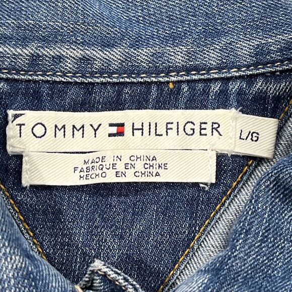 Tommy Hilfiger Womens Embroidered Y2K Jean Denim Jacket Distressed Sz L - Picture 12 of 14